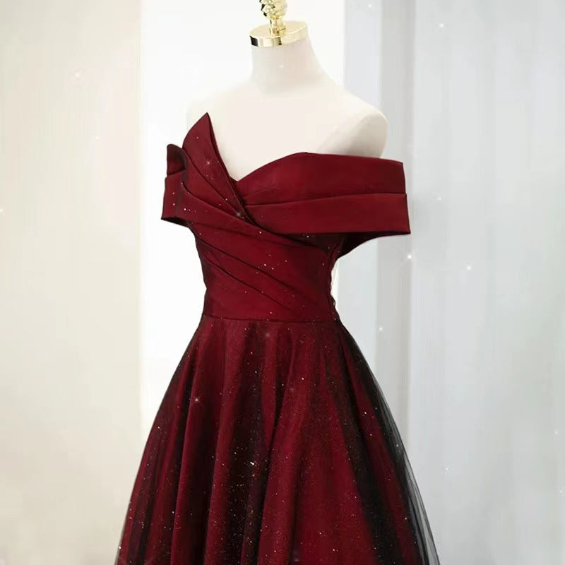 VSKKV Red Toast Dress Bride Wedding New Autumn off-Shoulder Noble Dress Simple and Elegant Slim-Fit White