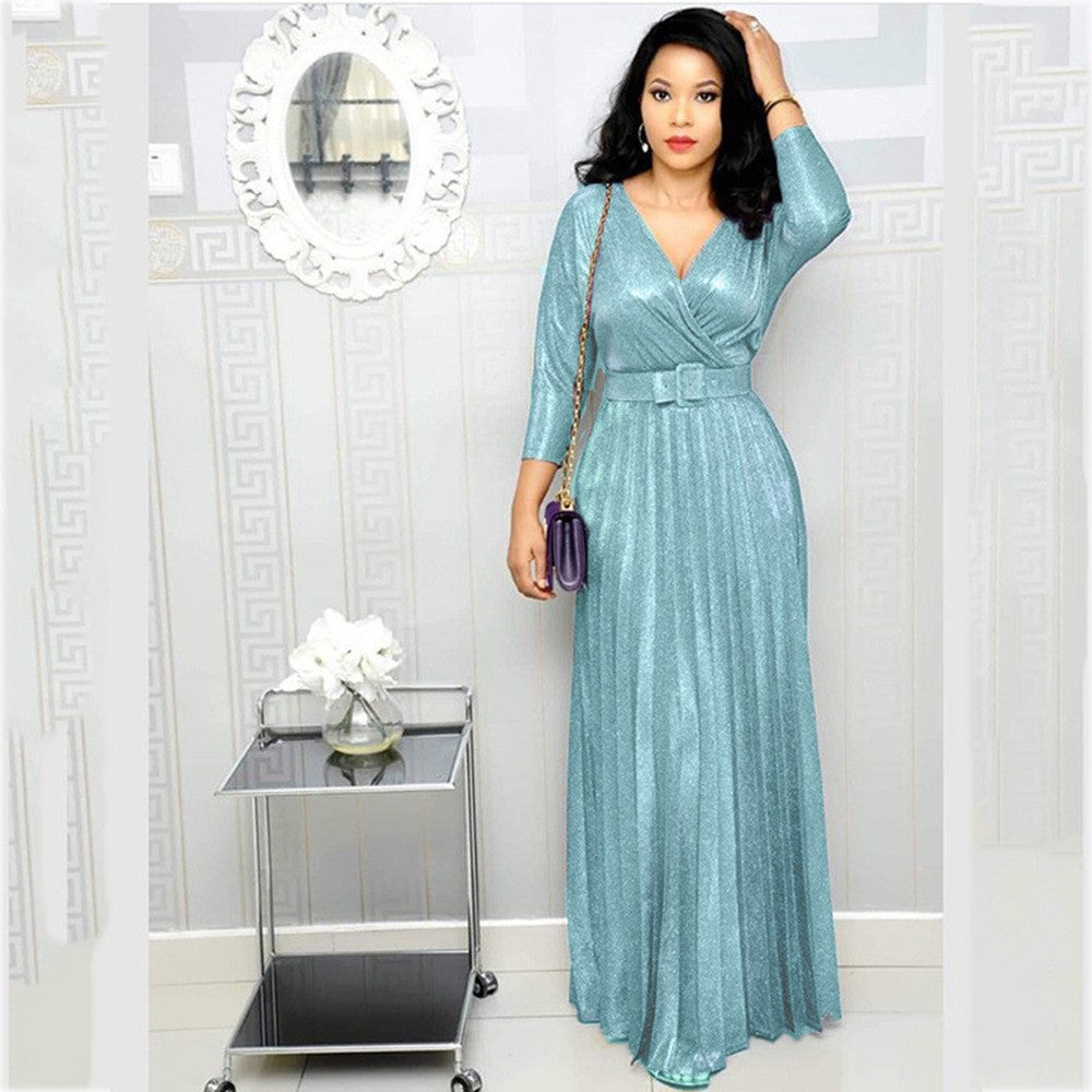 2025 spring New Popularan, 2025n and African women's fashion long-sleeved bronzing pleated pendulum skirt with belt bright pink dress
