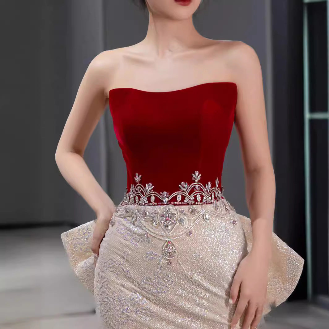 VAKKV Wine Red Host Tube Top Model Catwalk Beaded Toast Dress Starry Sky Annual Meeting Super Fairy Mermaid 18-Year-Old Adult Dress