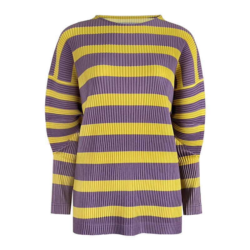 spring new Japanese crew neck striped sweater women's loose long-sleeved casual and thin pleated women's top