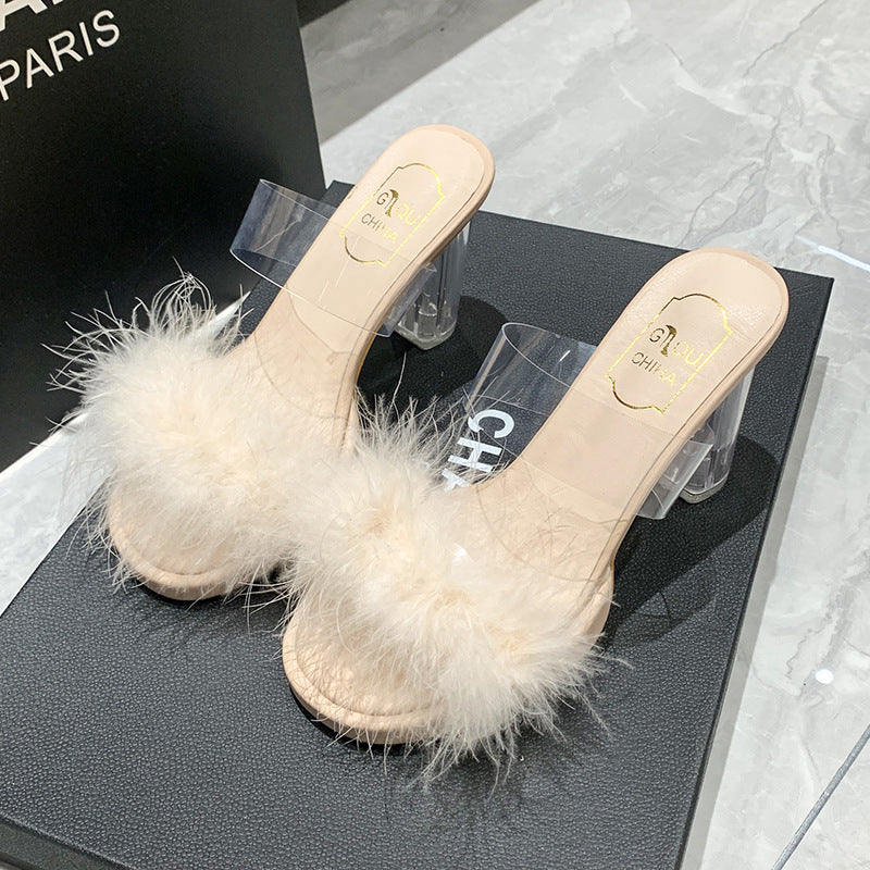 Fashion Fur Hyoma Women's Spring and Summer New Open Toe Square Toe Stiletto Heel Internet-Famous Outdoors High Heel Semi-Slipper Women