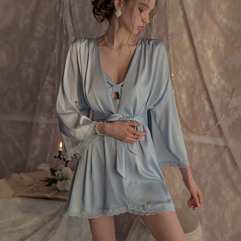 2025 Sexy suspender nightgown women's spring and autumn models solid color lace lace high-end private pajamas two-piece trendy