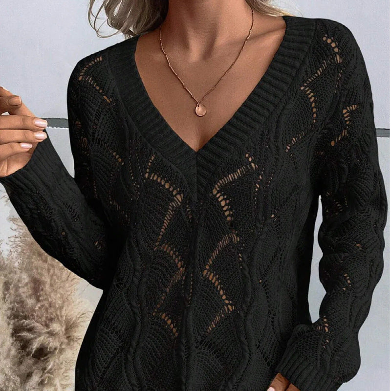 New autumn and winter new sweater women's V-neck long-sleeved hollow loose pullover sweater women
