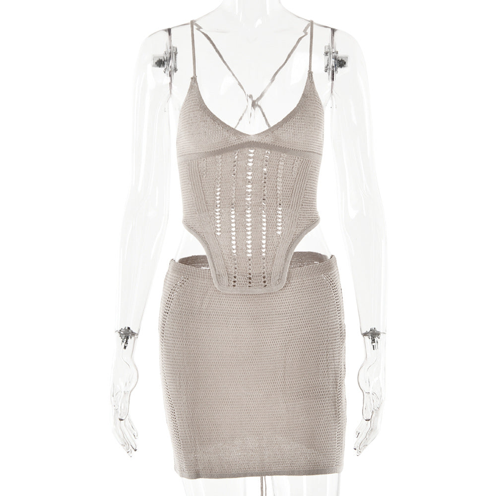 2025 New popular summer hot-selling new two-piece set sexy fashion suspender backless skirt knitted suit