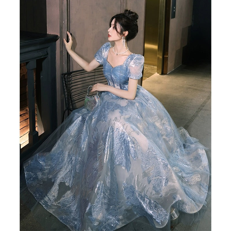Blue banquet evening dress 2024 new French luxury niche high-end temperament adult ceremony senior sense host