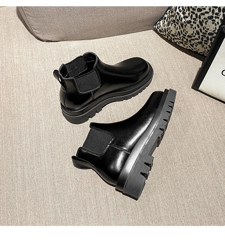 2025 Cowhide version~ New inner height-increasing Martin boots women's British style velvet short tube thick-soled Chelsea short boots cigarette boots