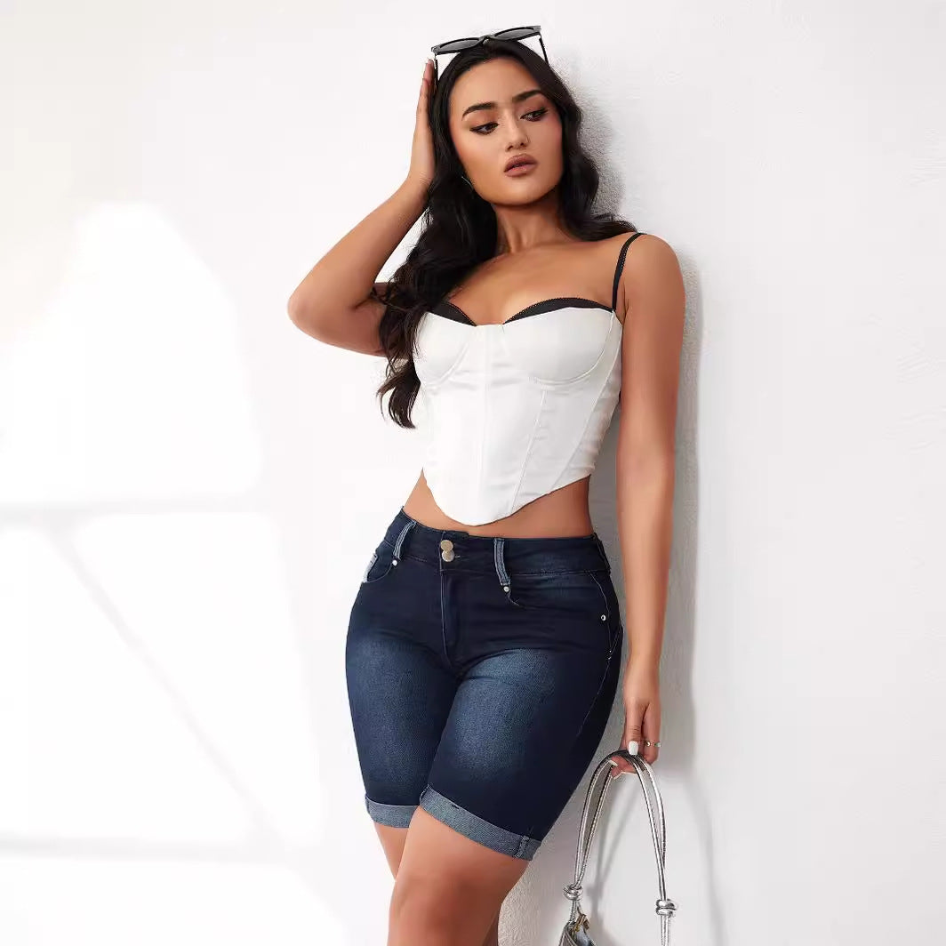 VAKKV New Popular trade crimped denim three-point shorts women's summer popular new thin and versatile middle pants spot