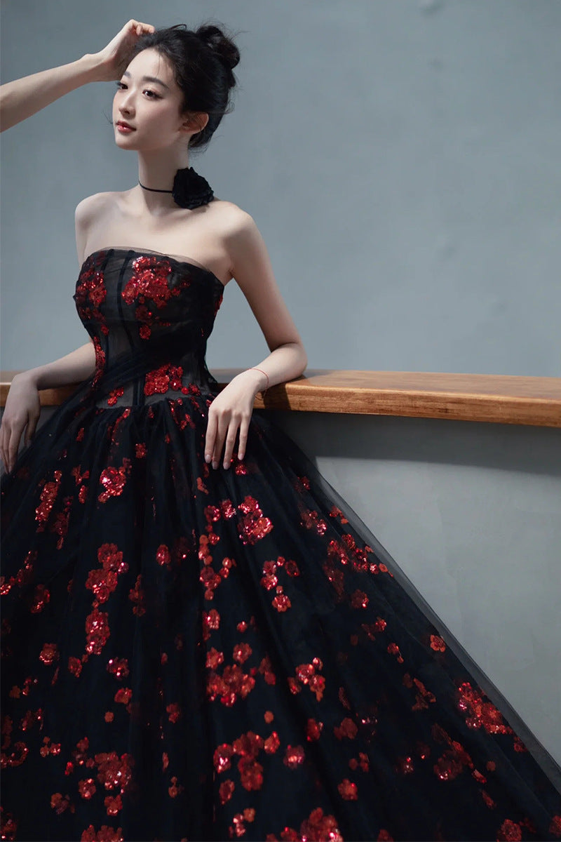VSKKV Black Lace Embroidered Evening Dress for Women New High-End Affordable Luxury Niche Engagement Wedding Toast Dress Bride