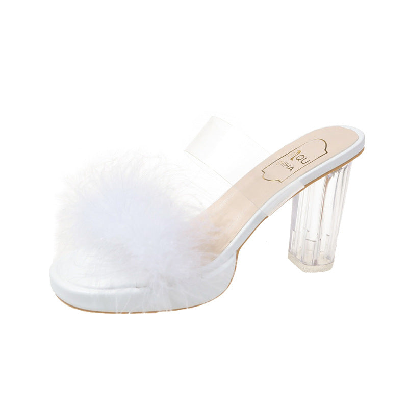 Fashion Fur Hyoma Women's Spring and Summer New Open Toe Square Toe Stiletto Heel Internet-Famous Outdoors High Heel Semi-Slipper Women