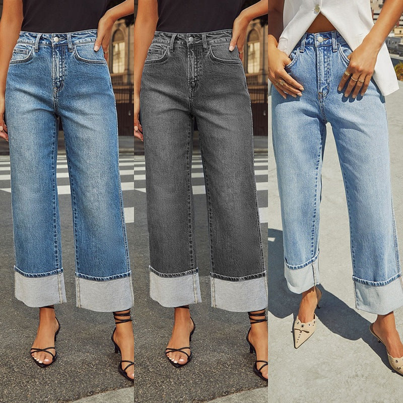 VAKKV cross-border 2025 spring new stretch straight jeans women's quality retro curled high-waisted trousers