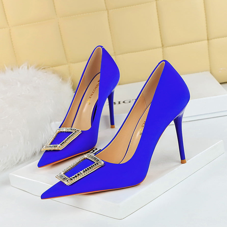 2025 3265-K8 Korean version of fashion banquet high heels thin heel shallow mouth pointed metal buckle rhinestone buckle high heel single shoes women