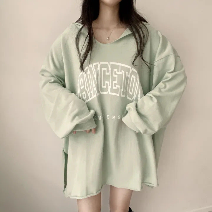 VAKKV Manufacturer lazy thin Taiwan autumn and winter Korean version letter hooded loose spring and autumn sweater women's V-neck medium and long trendy brand