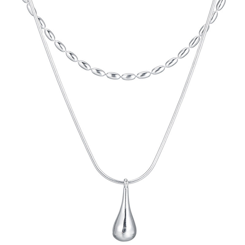 Water Drop Pendant Double-Layer Necklace for Women Niche Design Ins Cold Style Fashionable Simple Temperament Rice Grain Clavicle Chain