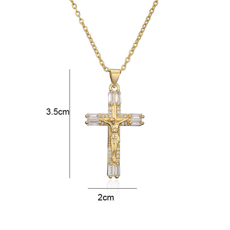 INS Vintage Gold Cross Necklace Personalized Pendant Zircon European and American Style Necklace Special-Interest Design Titanium Steel Clavicle Chain