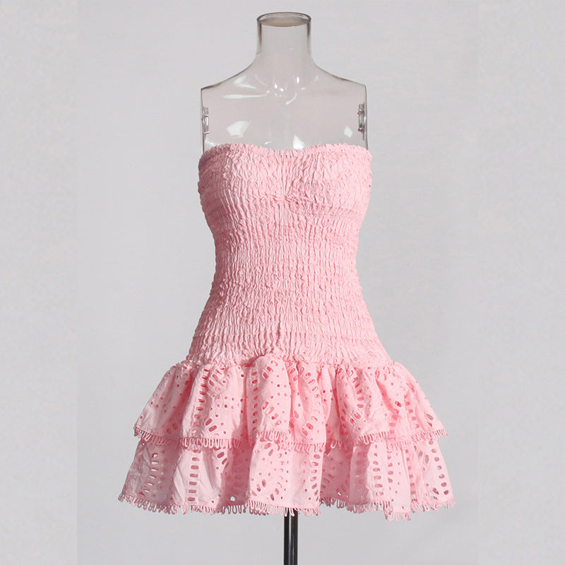 European and American Heavy Industry Smocking Strapless Dress New Design Sense Hollow-out Hook Flower Slim Fit Slimming and Short Dress Women