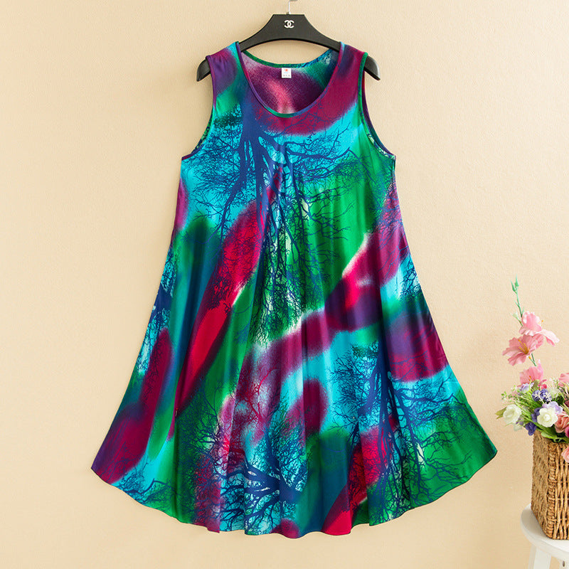 Large Size Bourette Vest Dress Summer New Ethnic Style Women's Clothing Artistic Retro Printing Sleeveless Swing Long Dress