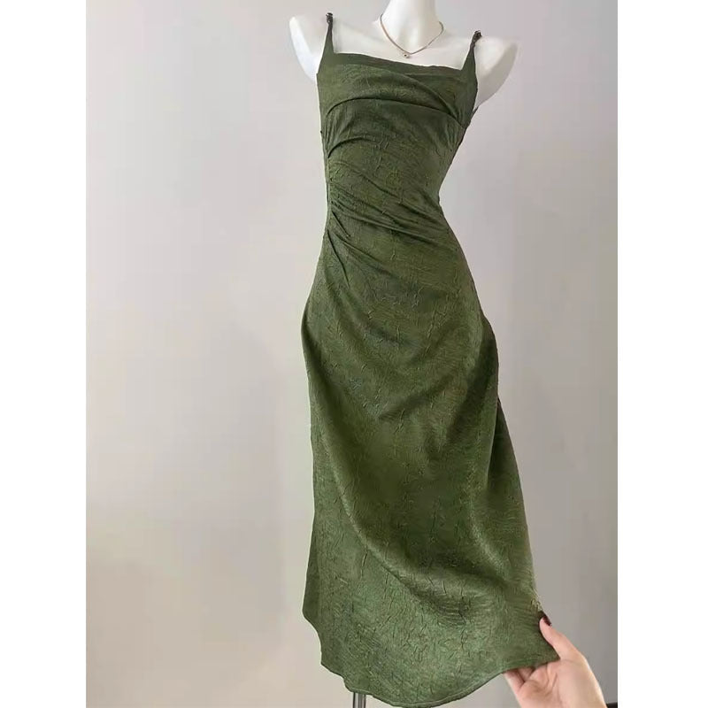 VAKKV Fahua Factory-Streamer Texture Satin Dress Retro Green Suspender Skirt Slim Fit Long Dress