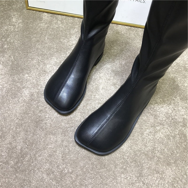 2025 South Korea Dongdaemun popular autumn and winter new square head retro flat bottom elastic high boots British style knight boots women's tide