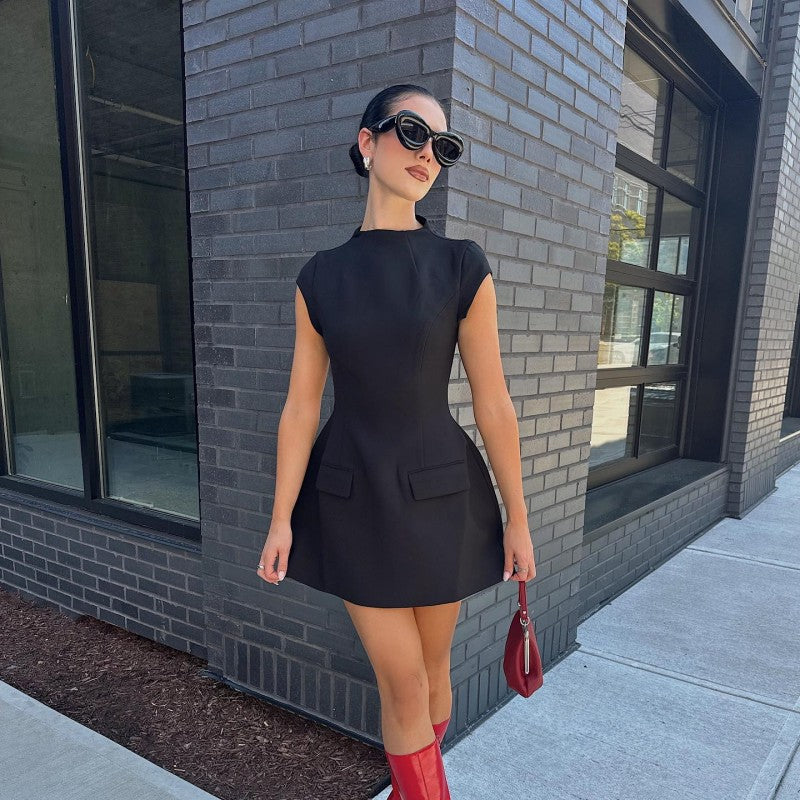 A254ds European and American Summer New Solid Color round Neck Slim-Fitting Patchwork Short Sleeve Sexy High Waist Short Dress