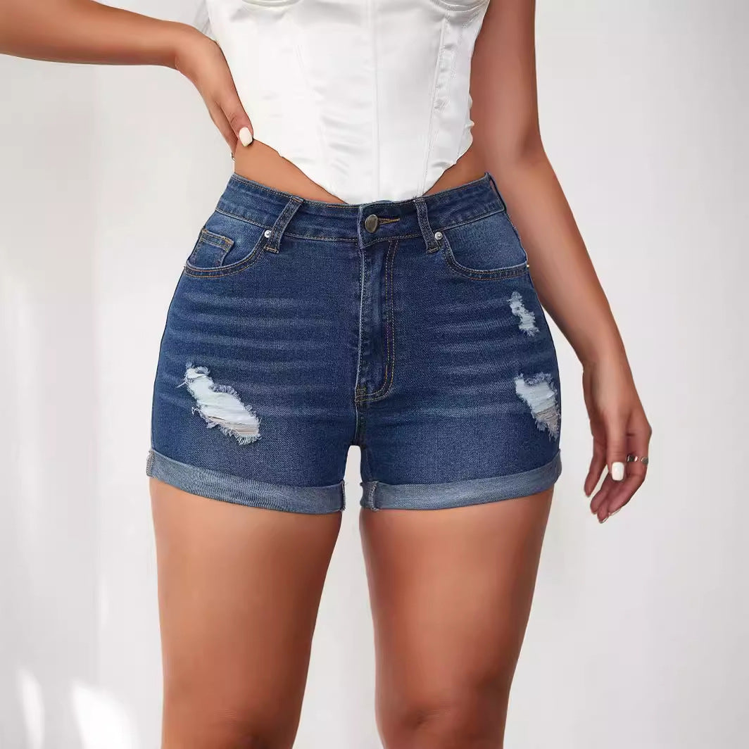 VAKKV popular summer new ripped Popularan beautiful women's denim shorts factory direct sales New elastic hemming shorts spot