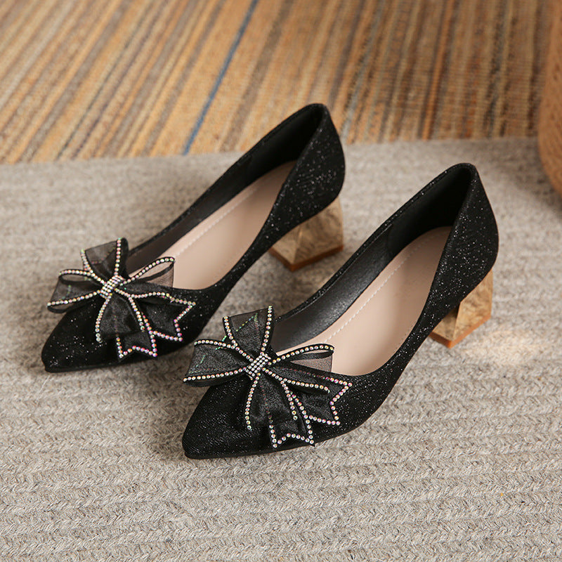 Style Pointed-Toe Fashion High Heels Women's Spring and Autumn New Chunky Heel Low-Cut Rhinestone Bow Temperament Wild Pumps