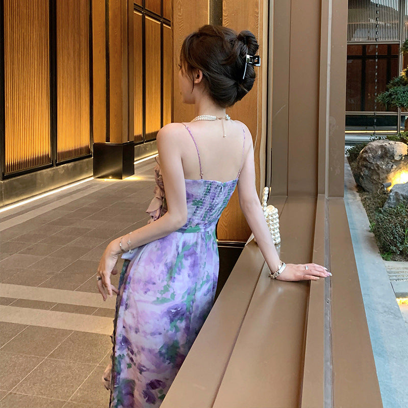 2025 Hong Kong style printed fungus edge suspender skirt women's summer new pure desire temperament waist thin holiday fishtail dress