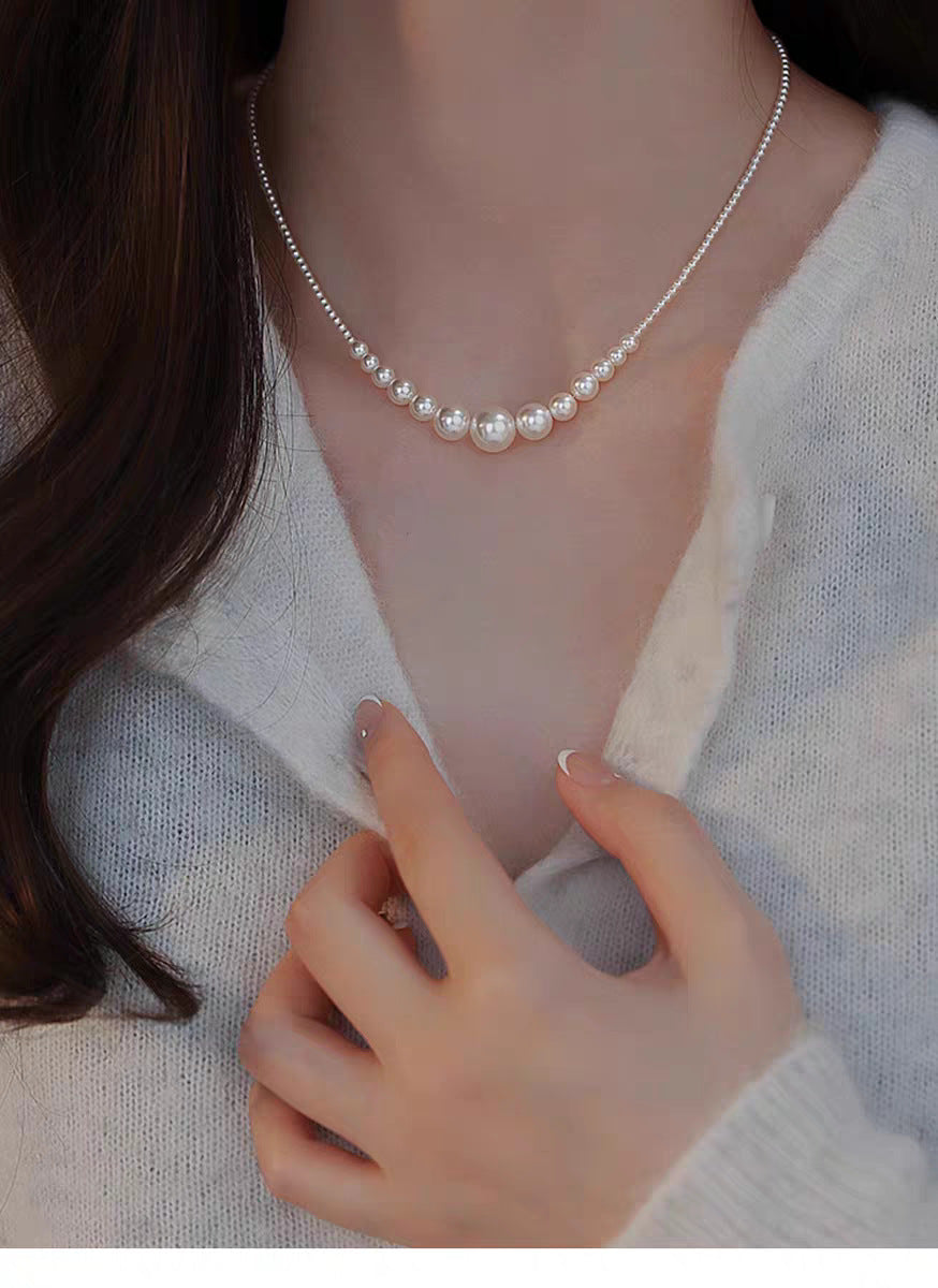 Shijia Baby Pearl Gradient Clavicle Chain Small Pieces of Silver Necklace Female Special-Interest Design Light Luxury Necklace Fashion Sweater Chain
