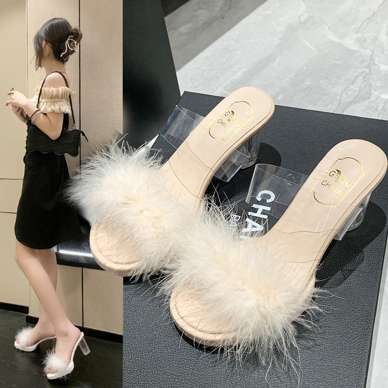 Fashion Fur Hyoma Women's Spring and Summer New Open Toe Square Toe Stiletto Heel Internet-Famous Outdoors High Heel Semi-Slipper Women