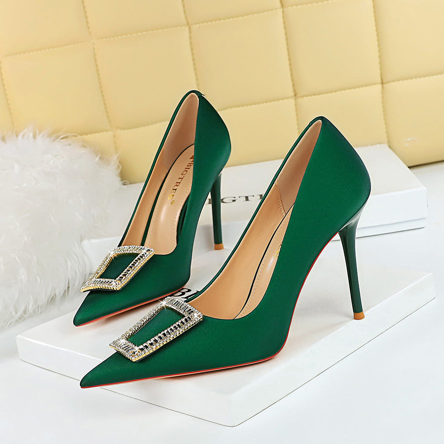 2025 3265-K8 Korean version of fashion banquet high heels thin heel shallow mouth pointed metal buckle rhinestone buckle high heel single shoes women