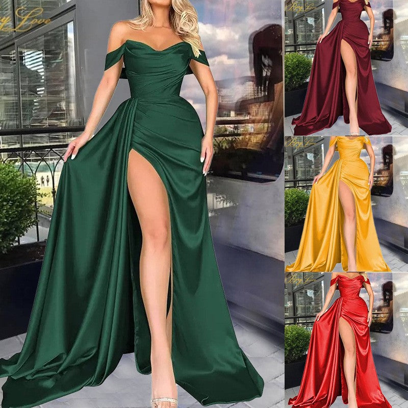 2025 direct sales New Popular trade banquet high split sexy host one-word shoulder thin party evening dress