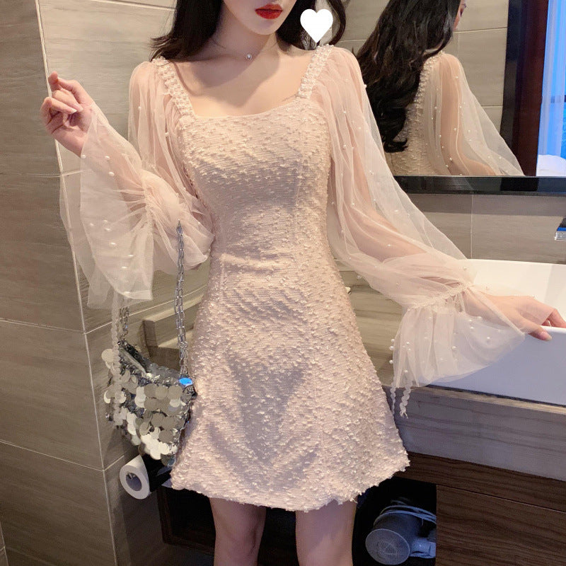 Spring women's new small fragrant temperament medium and long mesh splicing long sleeves waist and thin dress autumn