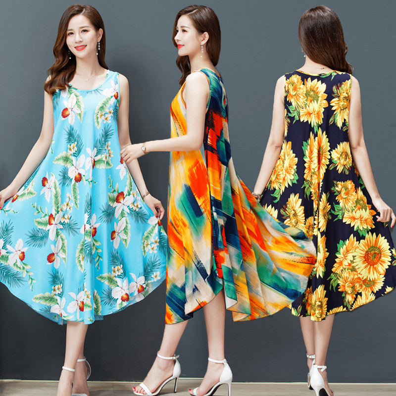 Large Size Bourette Vest Dress Summer New Ethnic Style Women's Clothing Artistic Retro Printing Sleeveless Swing Long Dress