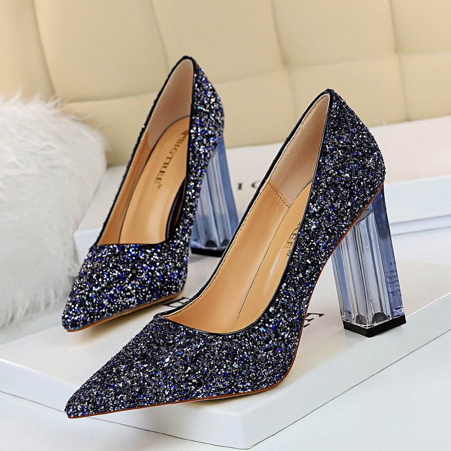 2025 9217-1 fashion transparent crystal heel thick heel high heel light mouth pointed head sexy nightclub shining sequined single shoes