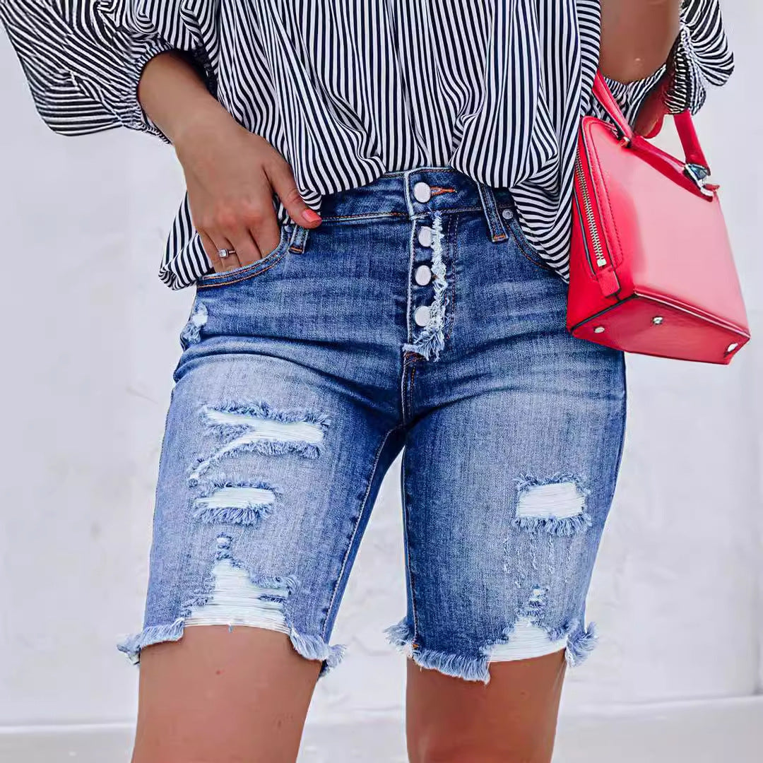VAKKV popular New Popular trade slim-fit breasted denim shorts women's street ripped rough edge leggings
