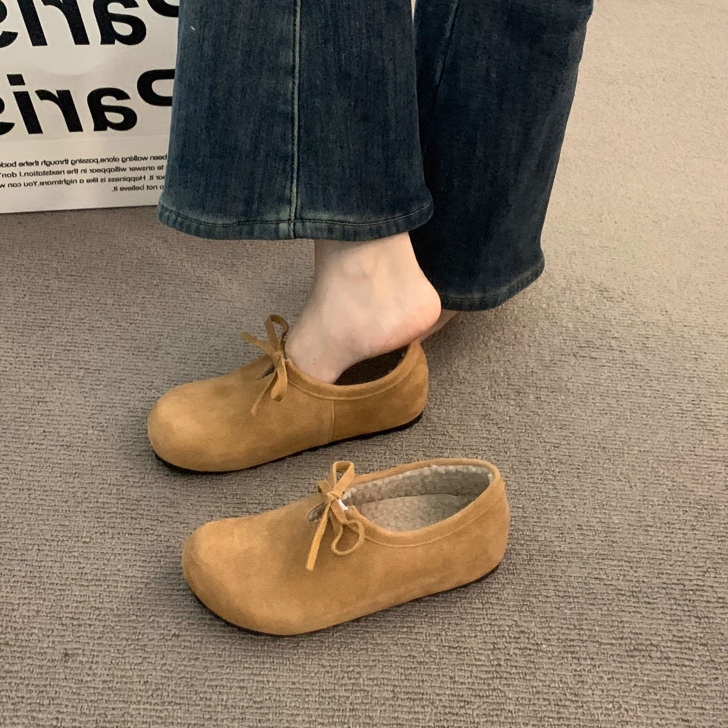 2025 In the evening wind, it increases in height, thick-soled leopard print and velvet Birkenstocks, and wears ugly and cute deep-mouth Doudou cotton shoes outside in autumn and winter