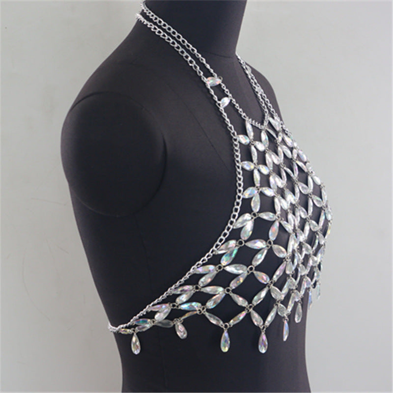 2025 MW2940 2025 vest fashion personality trend gem crystal inlaid splicing top small vest body chain