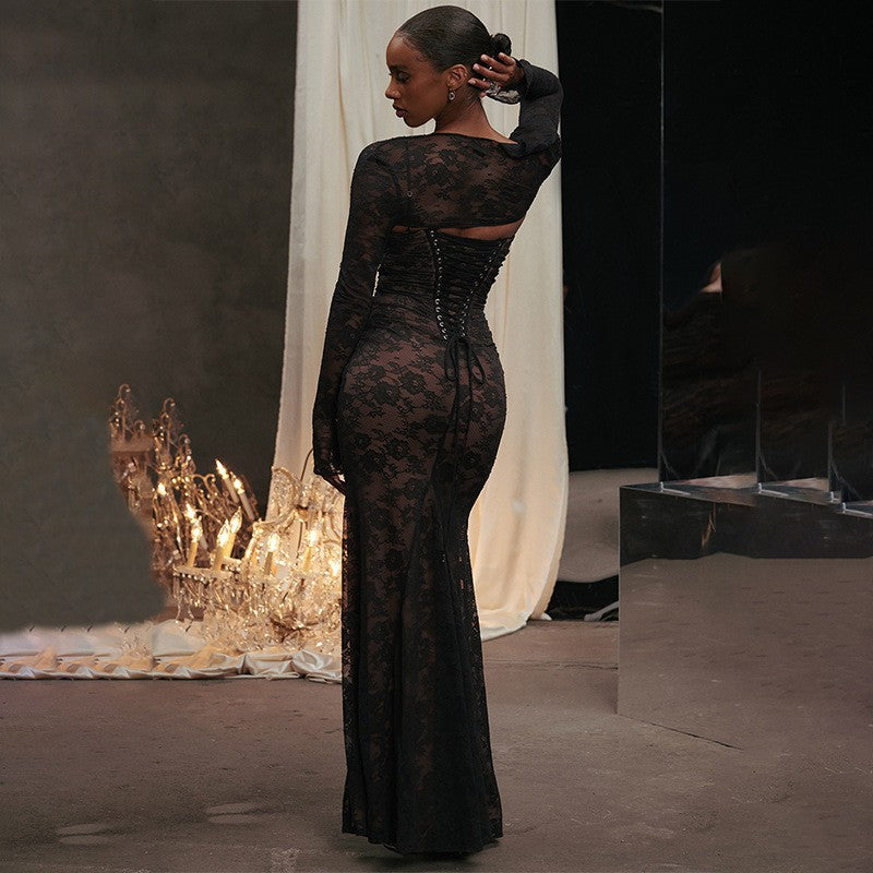 Cross-Border New Arrival European and American Style Women's Sexy Fashion Long Dress High-End Evening Dress Braces Long Sleeve Lace Dress
