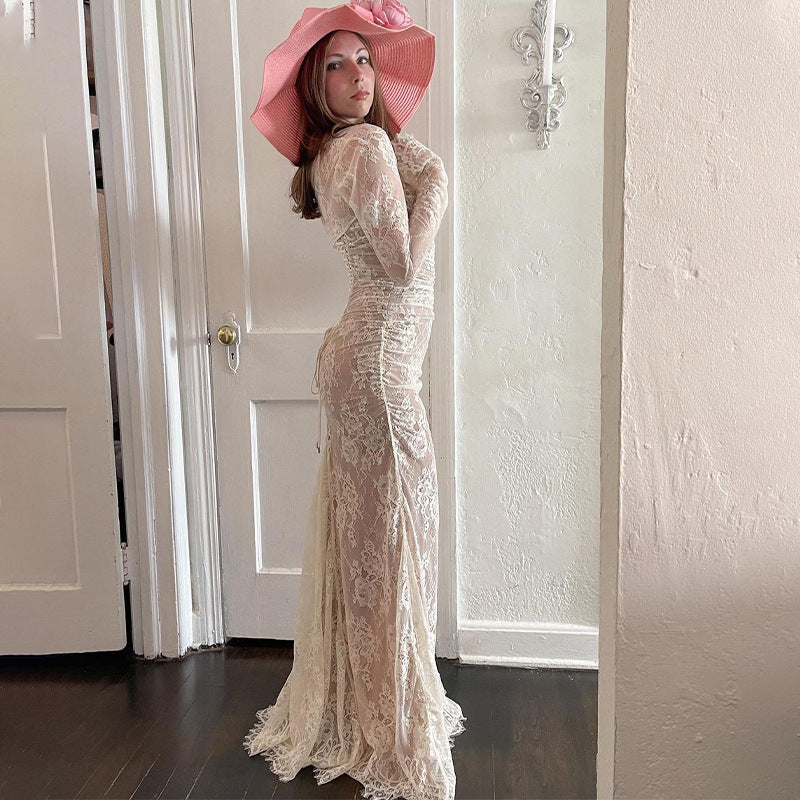 Cross-Border New Arrival European and American Style Women's Sexy Fashion Long Dress High-End Evening Dress Braces Long Sleeve Lace Dress