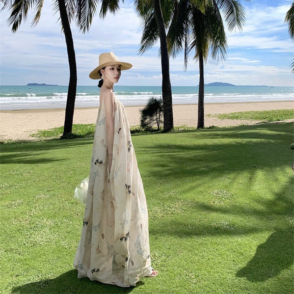 2025 National style new Chinese butterfly print suspender dress women's summer seaside vacation loose big pendulum super fairy backless dress