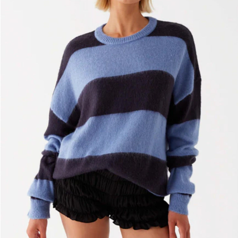 popular new Popular trade knitted top crew neck striped contrasting color loose lazy pullover sweater women