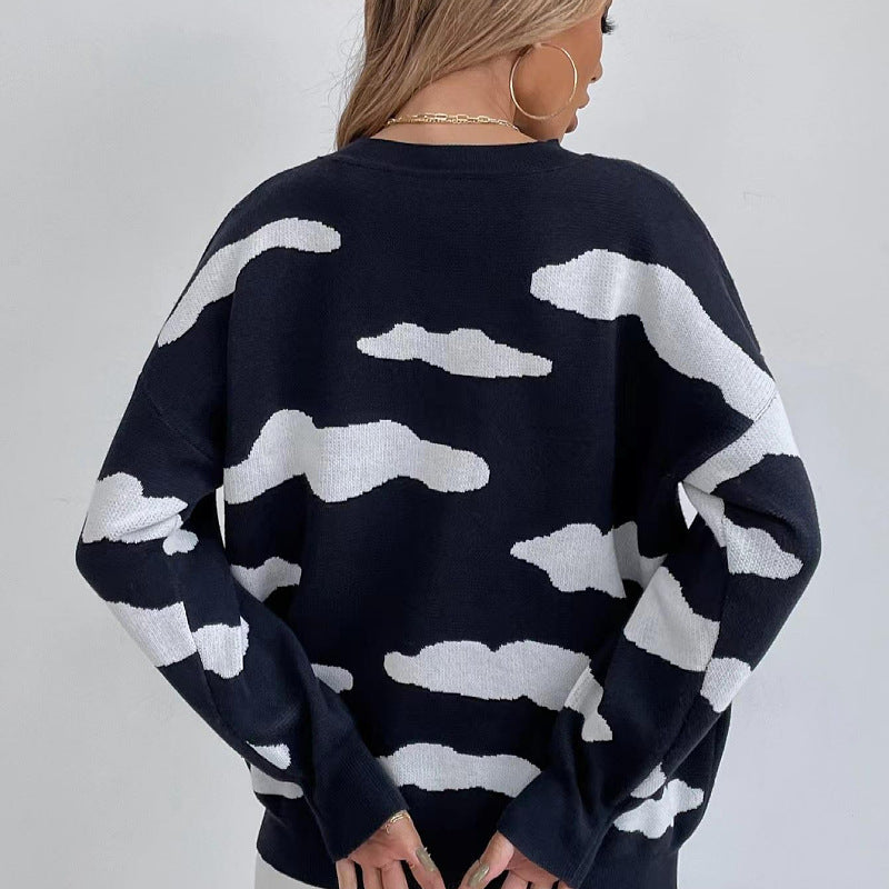 New fashion women's clothing autumn and winter long-sleeved round neck black and white contrasting color jacquard loose women's sweater knitted sweater women