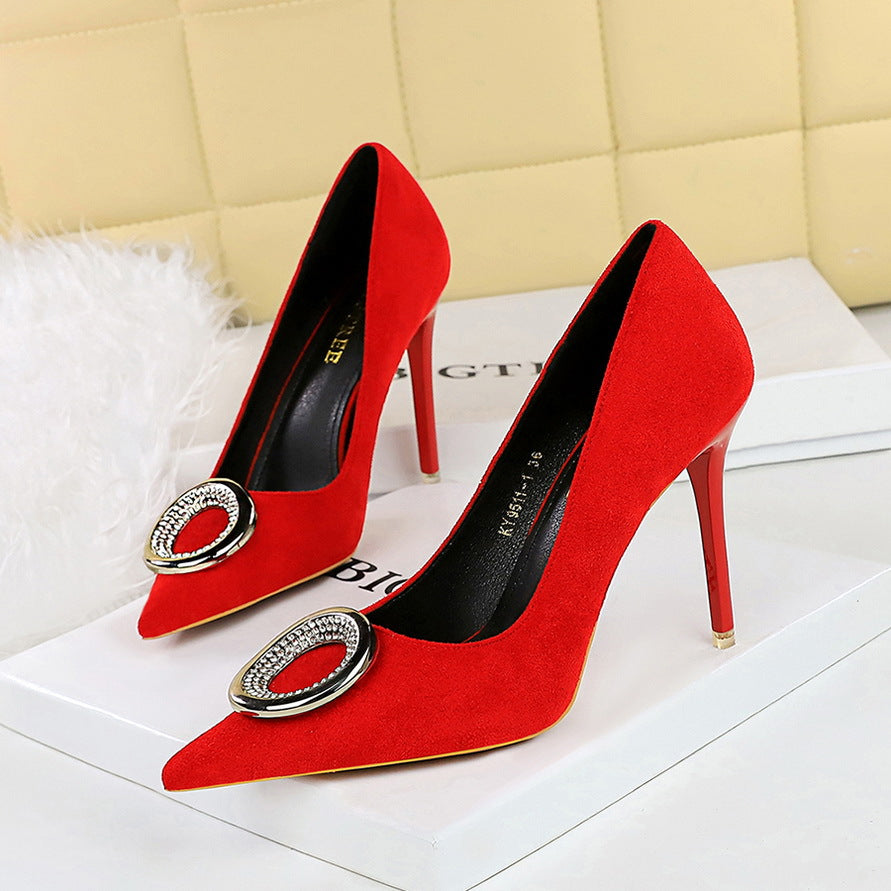 VAKKV 2025 9511-K61 banquet women's shoes pedicure and thin super high heel suede shallow mouth pointed metal rhinestone buckle single shoes high heel