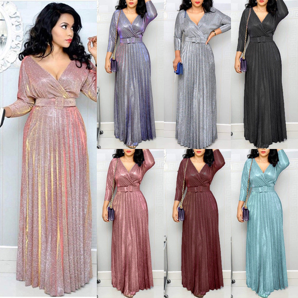 2025 spring New Popularan, 2025n and African women's fashion long-sleeved bronzing pleated pendulum skirt with belt bright pink dress