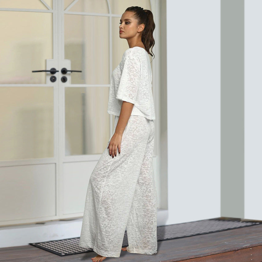 VAKKV 2025 new solid color knitted loose casual and comfortable pajamas women's summer five-quarter sleeve trousers loungewear New