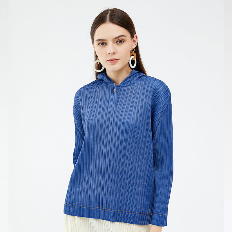 spring new solid color basic pleated t-shirt long-sleeved casual top design sense Korean version hooded sweater women