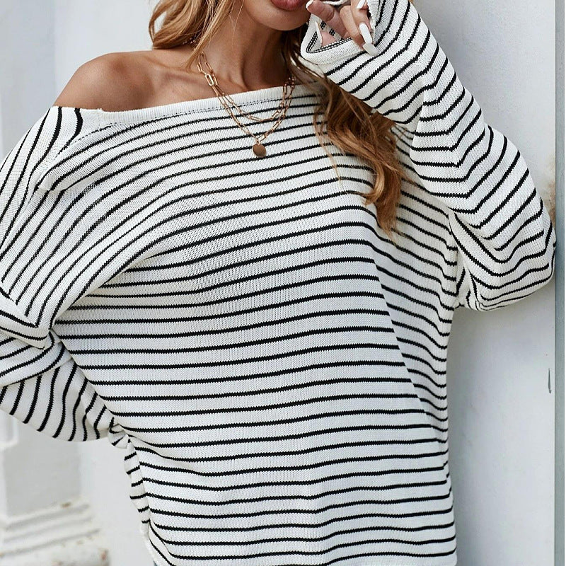 Popular trade knitted sweater women's striped long-sleeved sexy backless cross sweater women's top