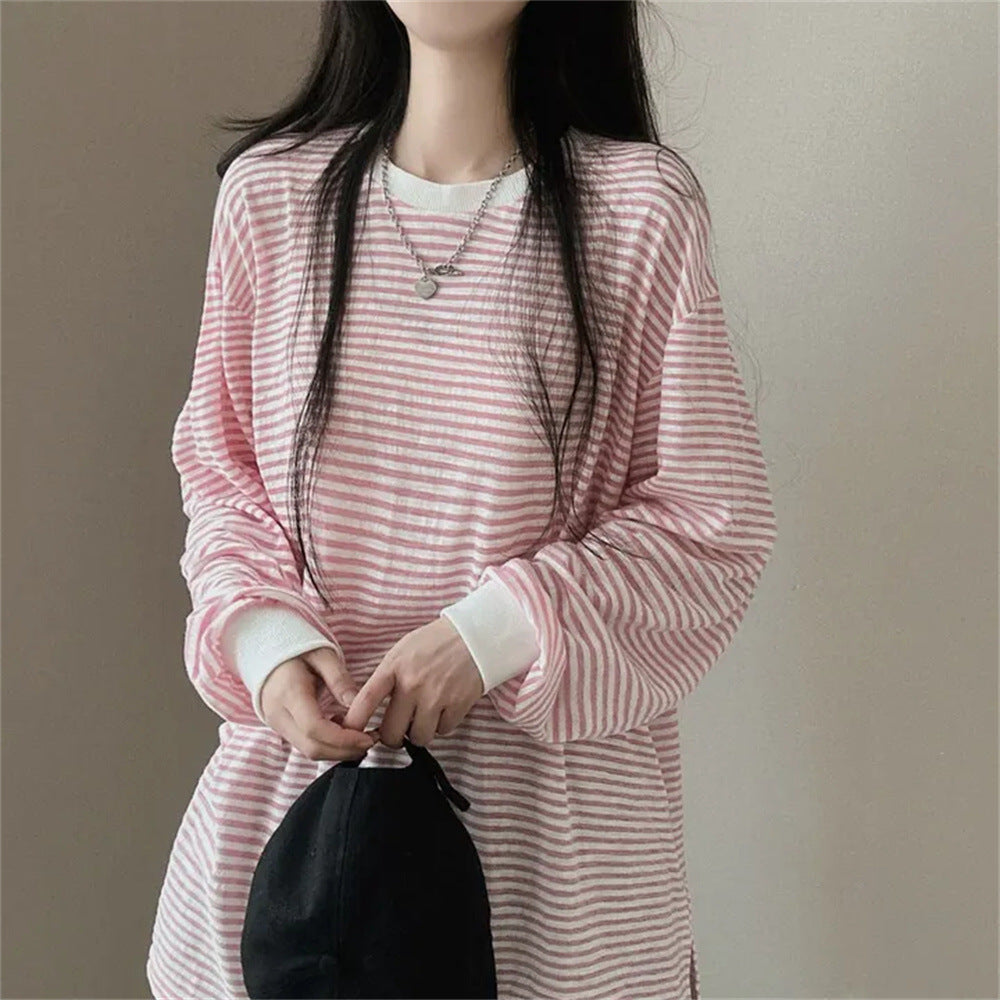 VAKKV Manufacturer's reversion Korean version of round neck striped sweater women's spring and autumn loose design sense versatile thin jacket trendy brand velvet