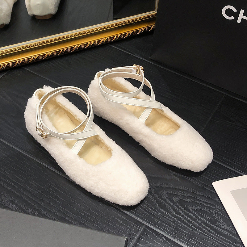 2025 Grape mother same cute lamb wool warm cross buckle inner height increase ballet plush wool shoes women's winter