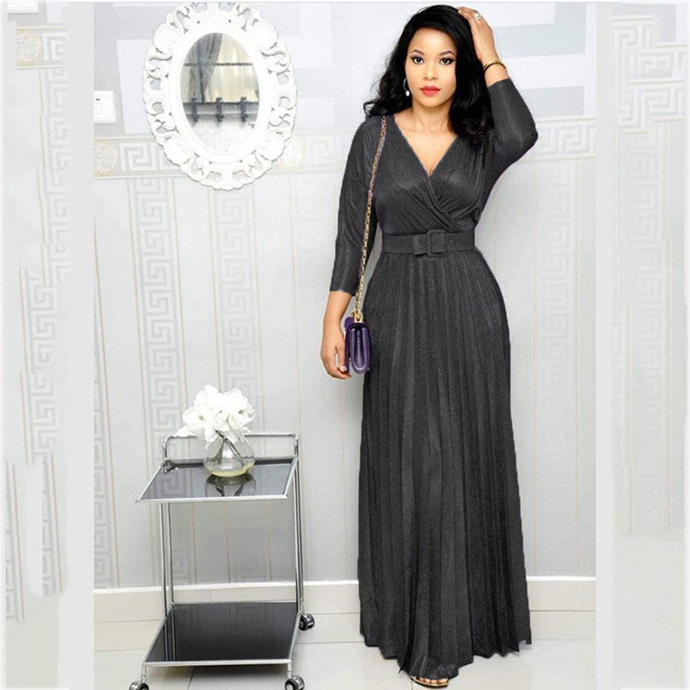 2025 spring New Popularan, 2025n and African women's fashion long-sleeved bronzing pleated pendulum skirt with belt bright pink dress