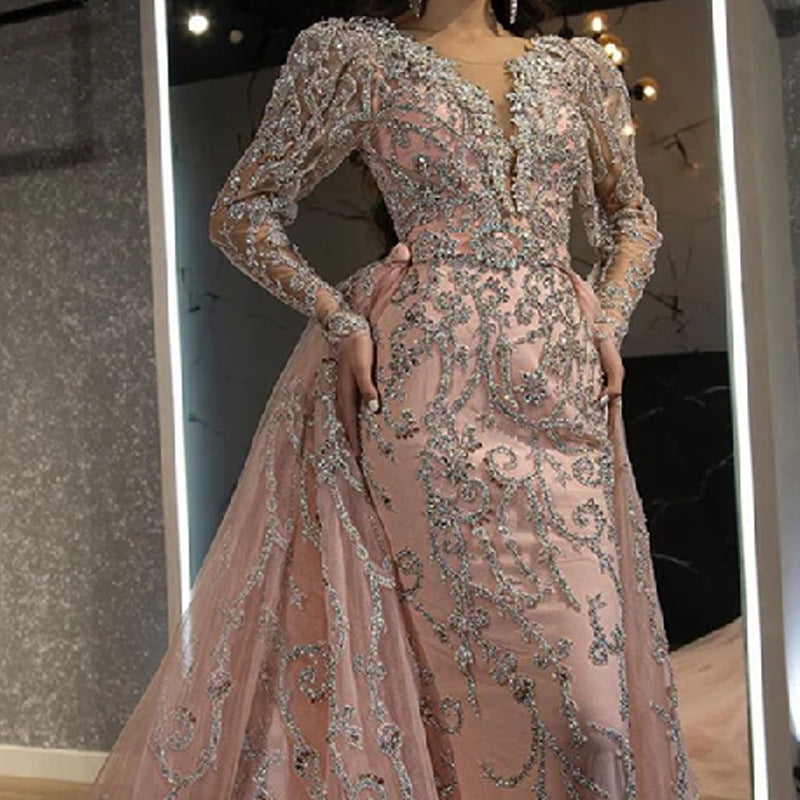 2025 new 2025 New women's clothing , dress sexy V-neck long-sleeved gold trailing evening dress